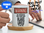 Blake Lively Mug – Being held coaster with man using laptop – WARNING Design