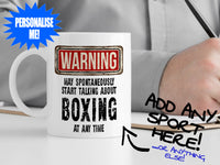 Boxing Mug with man writing notes – WARNING Design