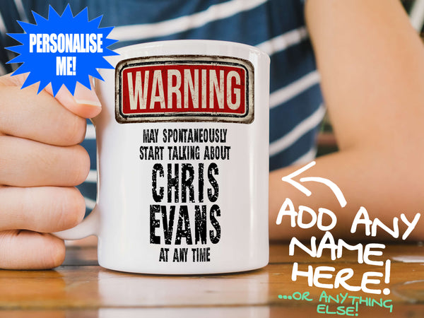 Chris Evans Mug – on wooden table with striped t-shirt