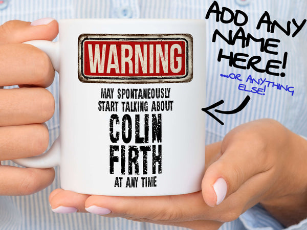 Colin Firth Mug – held by woman in striped shirt