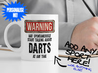 Darts Mug with man writing notes – WARNING Design