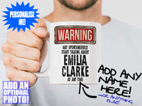 Emilia Clarke Mug held out by man with beard – WARNING Design