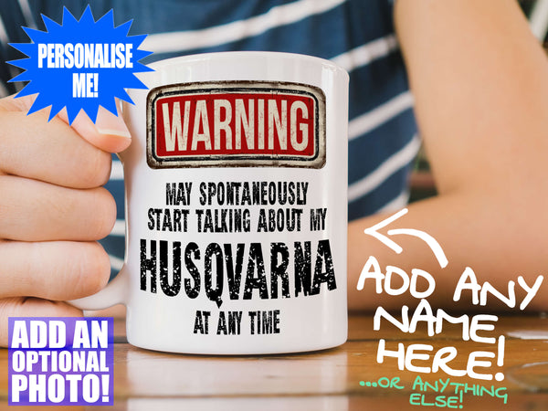 Husqvarna Mug – on wooden table with striped t-shirt
