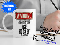 Ice Hockey Mug with man writing notes – WARNING Design