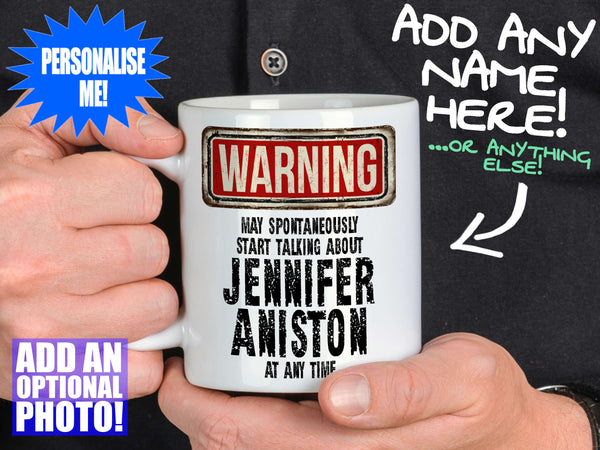 Jennifer Aniston Mug - held by man in black shirt – WARNING Design