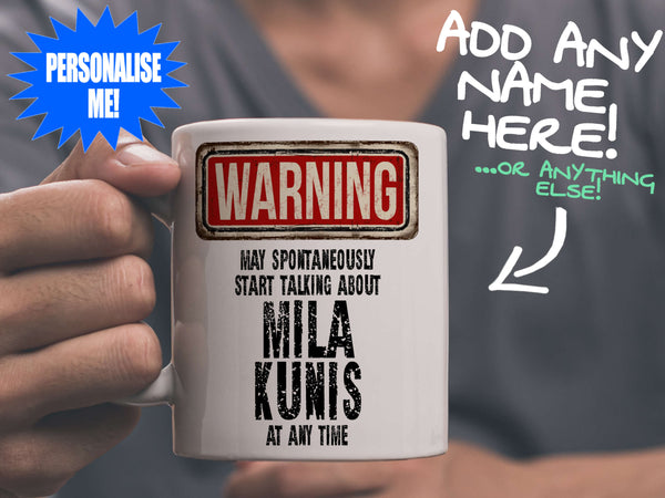 Mila Kunis Mug - held by man in grey v-neck tee – WARNING Design