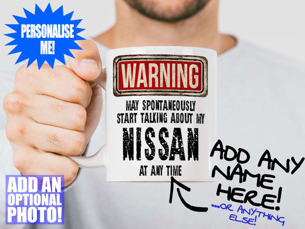 Nissan Mug held out by man with beard – WARNING Design
