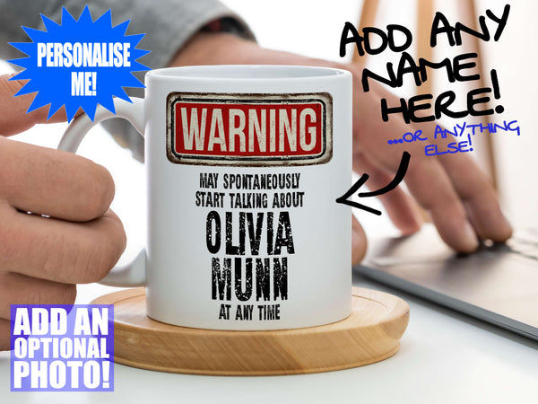 Olivia Munn Mug – Being held coaster with man using laptop – WARNING Design