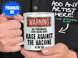 Rage Against the Machine Mug held by man in black shirt – WARNING Design