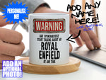 Royal Enfield Mug – Being held on coaster with man using laptop – WARNING Design