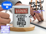 Royal Enfield Mug – Being held on coaster with man using laptop – WARNING Design