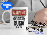 Rugby Mug with man writing notes – WARNING Design