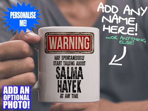 Salma Hayek Mug - held by man in grey v-neck tee – WARNING Design