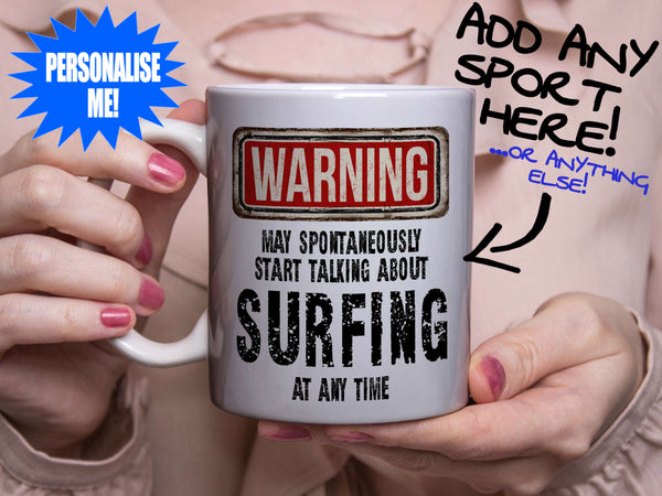 Surfing Mug - held by woman in pink blouse