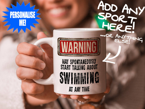 Swimming Mug held by smiling woman – WARNING Design