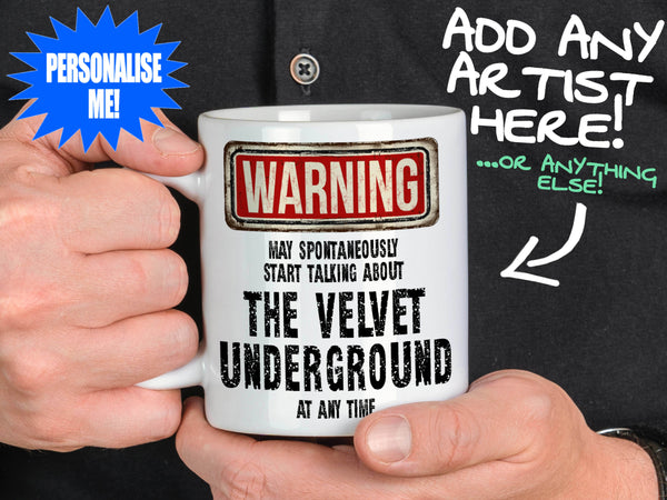 The Velvet Underground Mug held by man in black shirt – WARNING Design